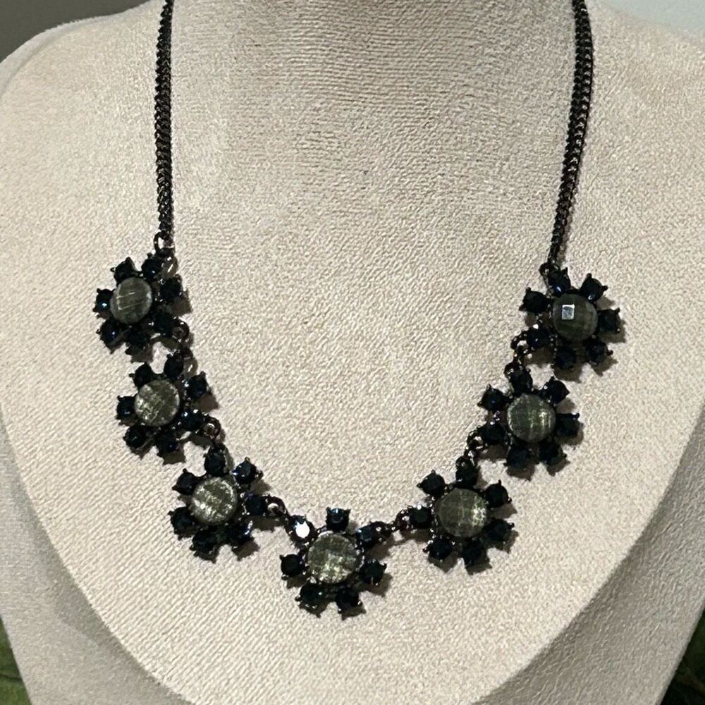 Floral Bib Costume Necklace 16" Blue Rhinestones Black Gun Metal Colored Chain
